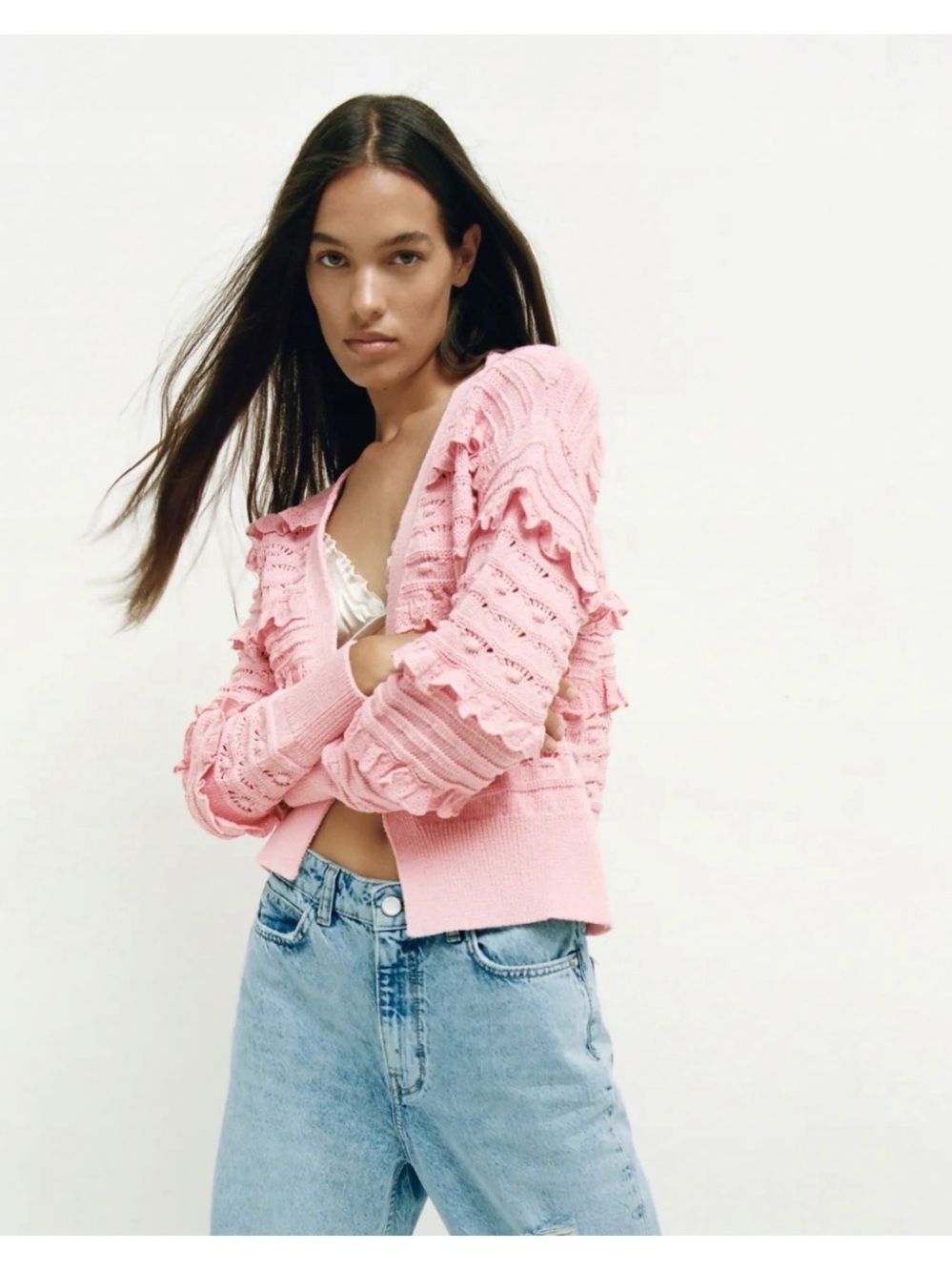 Zara Pointelle Knit Ruffled Open Front Pink Cardigan Size M NWT